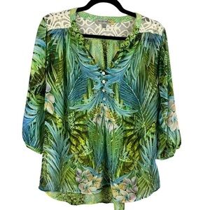 Figueroa & Flower Blue Green Floral Leaf Lace Detail Semi Sheer Blouse Large